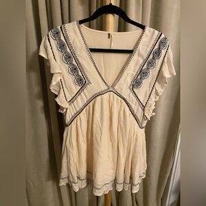 Free People Cream Blouse with Black Embroidery